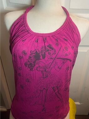 Women’s Fuchsia Halter Graphic Tank Top with Gathered Neckline